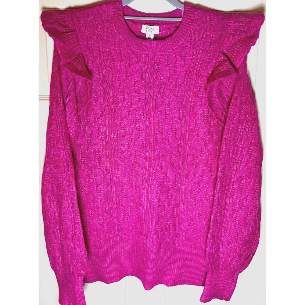 Crown & Ivy Women's NWT Large Bright Pink Sweater w/ Ruffled Sleeve